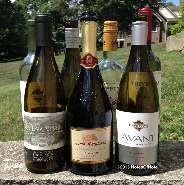 2013 Ida's Selection Pinot Noir, Buena Vista, Sonoma County, California, USA; Santa Margherita Prosecco, Italy; 2012 Avant Chardonnay, Kendall Jackson, California, USA; 2013 Avant Chardonnay, Kendall Jackson, California, USA; 2013 Vintner's Reserve Sauvignon Blanc, Kendall Jackson, California, USA; 2013 Ruffino Pinot Grigio Delle Venezia, Italy; 2013 Trivento Malbec Reserva, Mendoza, Argentina.