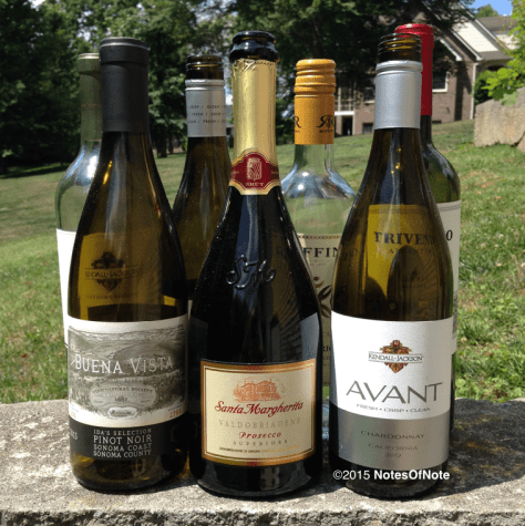 2013 Ida's Selection Pinot Noir, Buena Vista, Sonoma County, California, USA; Santa Margherita Prosecco, Italy; 2012 Avant Chardonnay, Kendall Jackson, California, USA; 2013 Avant Chardonnay, Kendall Jackson, California, USA; 2013 Vintner's Reserve Sauvignon Blanc, Kendall Jackson, California, USA; 2013 Ruffino Pinot Grigio Delle Venezia, Italy; 2013 Trivento Malbec Reserva, Mendoza, Argentina.