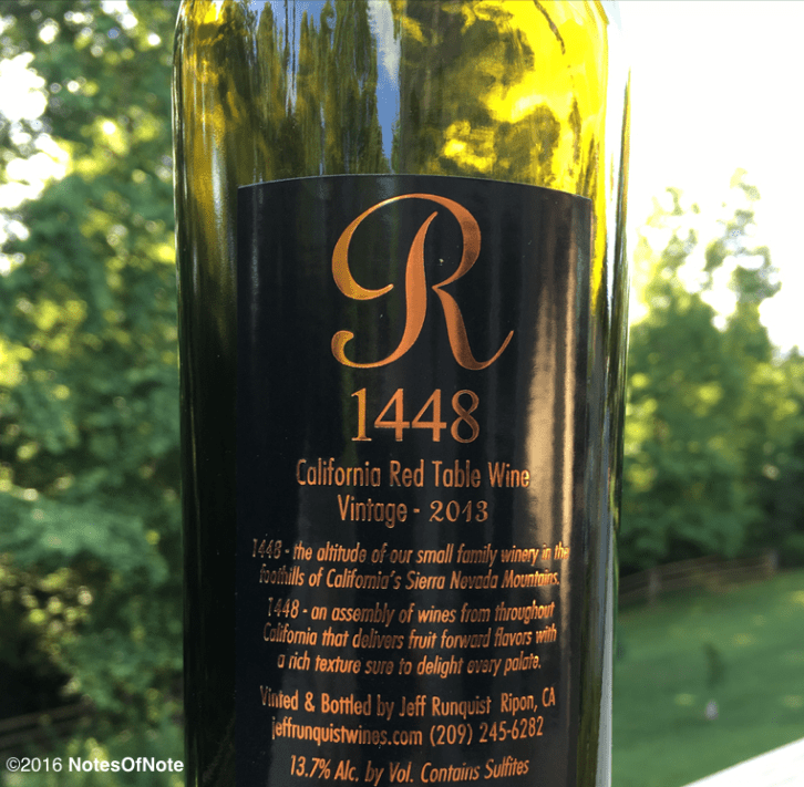 2013 1448 Red Table Wine, Jeff Runquist Wines, Ripon, California, USA.