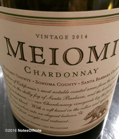 2014 Meiomi Chardonnay, Monterrey, Sonoma, and Santa Barbara County, California, USA.