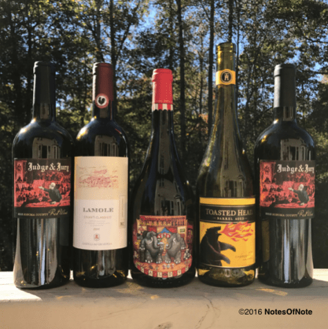 2013 Judge & Jury Red Blend, Kunde Family Estate, Sonoma County, California, USA; 2011 Lamole Gran Selezione Chianti, Italy; 2014 Petite Petit, Michael David Winery, Lodi, California, USA; 2014 Toasted Head Chardonnay, California, USA.