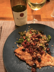 Crispy catfish with kale-farro salad and warm grape relish, as served with the 2013 Benzinger Chardonnay.