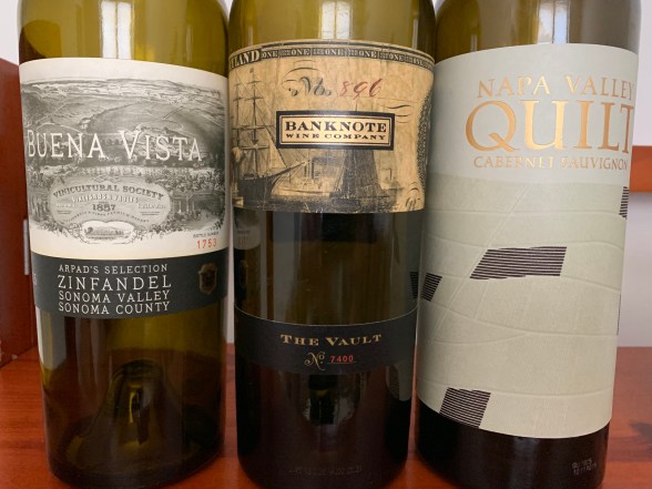 2015 Arpad's Selection Zinfandel, Sonoma County, California, USA; 2013 The Vault, Banknote Wine Company, Napa Valley, California, USA; 2016 Quilt Cabernet Sauvignon, Quilt Wines, Rutherford, California, USA.