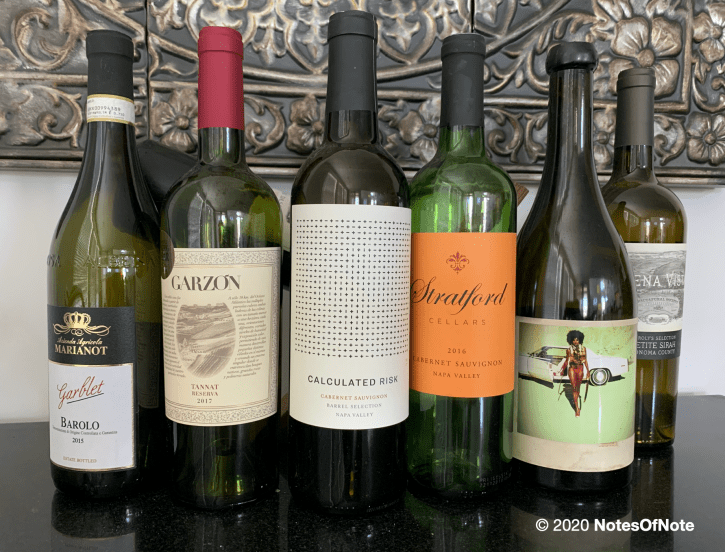 2015 Garblet Barolo, Aiedena Agricola Marianot, Barolo, Italy; 2017 Tannat Reserva, Bodega Garzon, Maldonado, Uruguay; 2017 Calculated Risk Cabernet Sauvignon, Napa Valley, California, USA; 2016 Cabernet Sauvignon, Stratford Cellars, Napa Valley, California, USA; 2018 Machete, Orin Swift Cellars, Napa Valley, California, USA; 2018 Karoly’s Selection Petite Sirah, Sonoma County, California, USA.